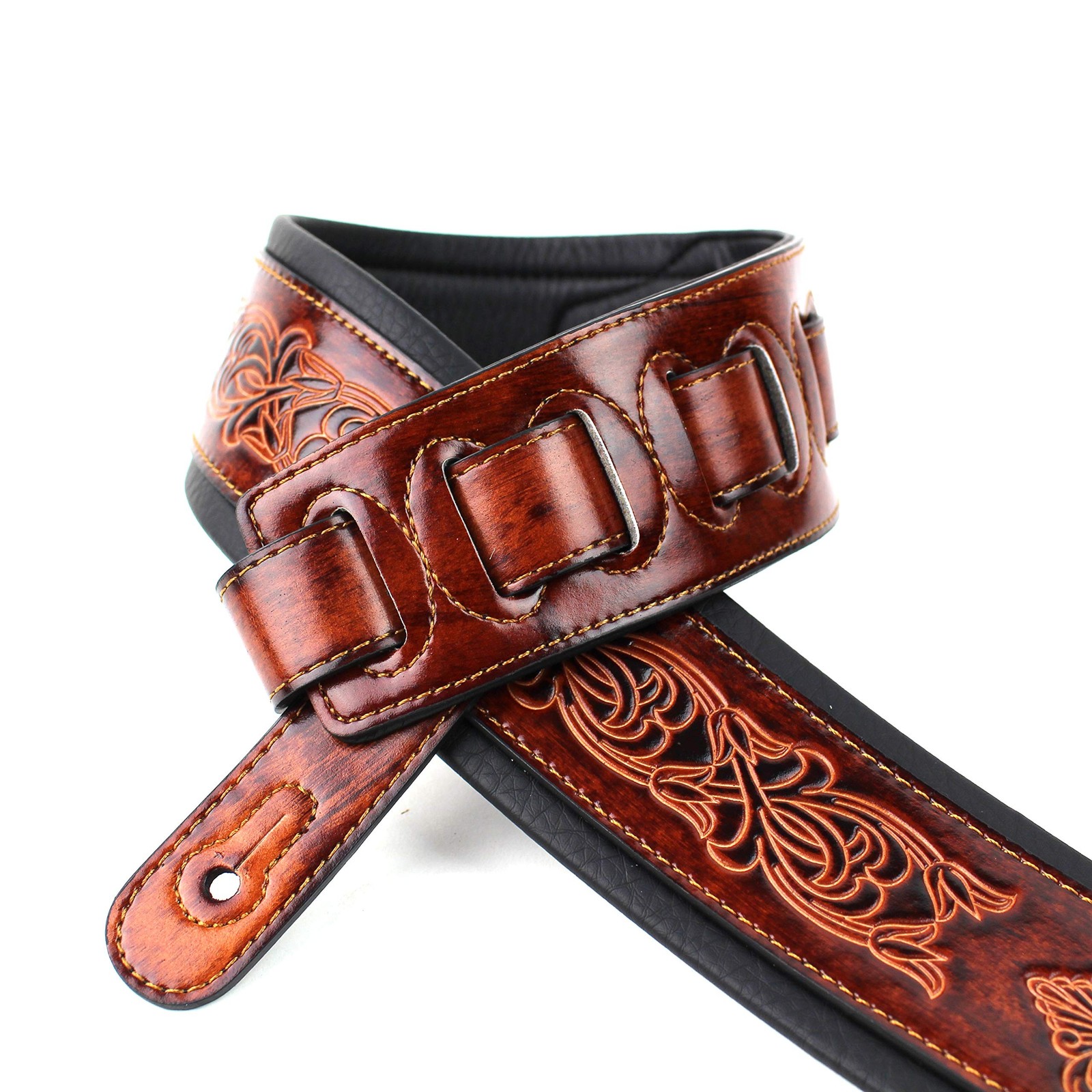Walker And Williams GB-22 Bourbon Brown Padded Guitar Strap with Fleur De Lis…