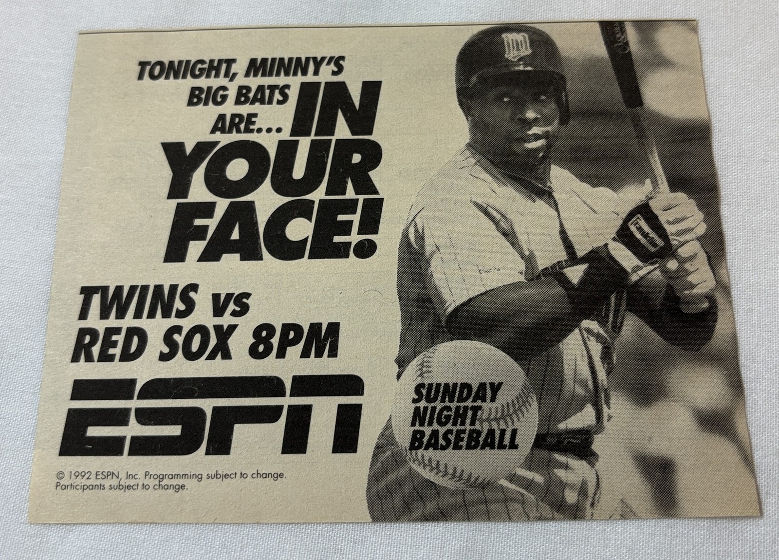 July 26, 1992 ESPN tv ad ~ MLB baseball TWINS vs RED SOX