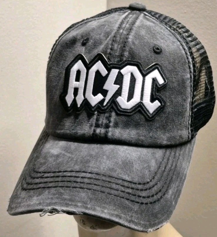 AC/DC Distressed Ball Cap Hat Black & Black Mesh Hat AC/ DC Hat