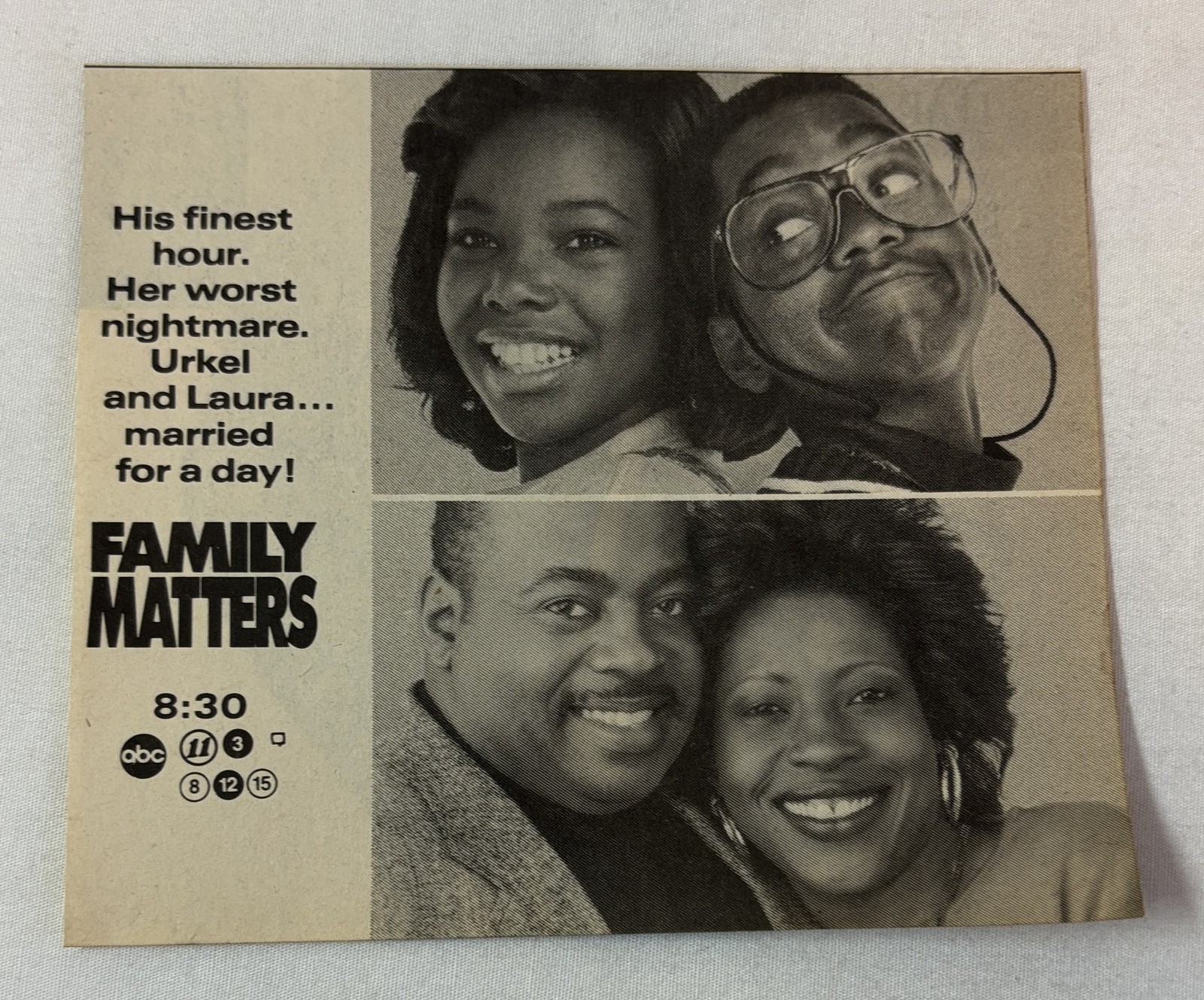 1990 ABC tv ad ~ FAMILY MATTERS ~ Urkel and Laura married for a day