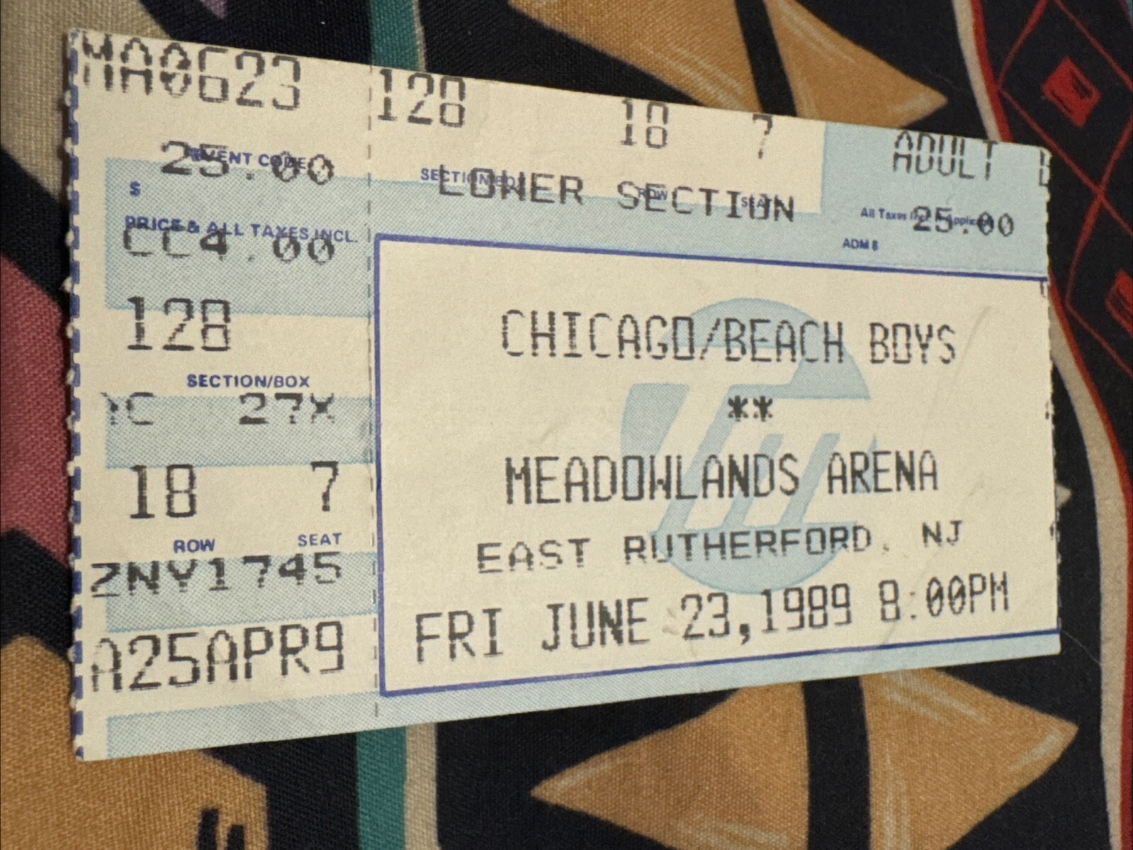 CHICAGO & THE BEACH BOYS – MEADOWLANDS ARENA – JUNE 23, 1989 – TICKET