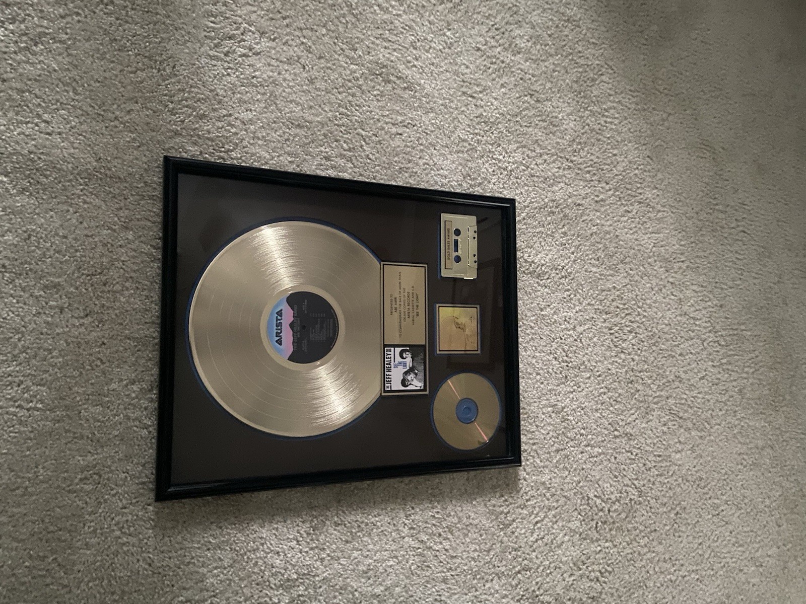 Jeff Healey Band Framed Gold Record Award RIAA Award ‘See The Light’ 1989.