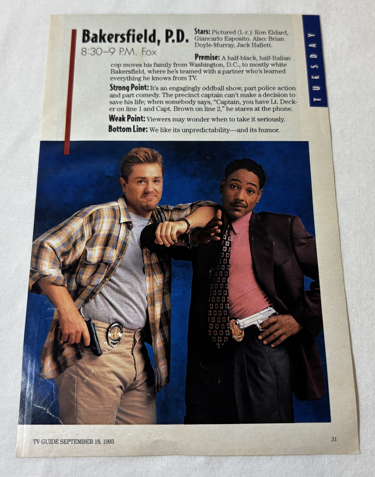 1993 TV Guide preview issue article~ BAKERSFIELD P.D. Giancarlo Esposito