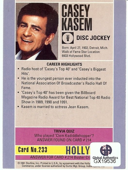 Casey Kasem Signed Autographed 1991 Starline Trading Card Disc Jockey GX19686