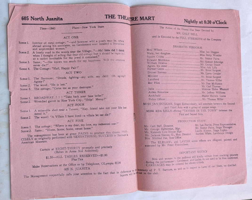 1930’s Program for ‘The Drunkard’ at ‘Theatre Mart’ Los Angeles-Temperance Play