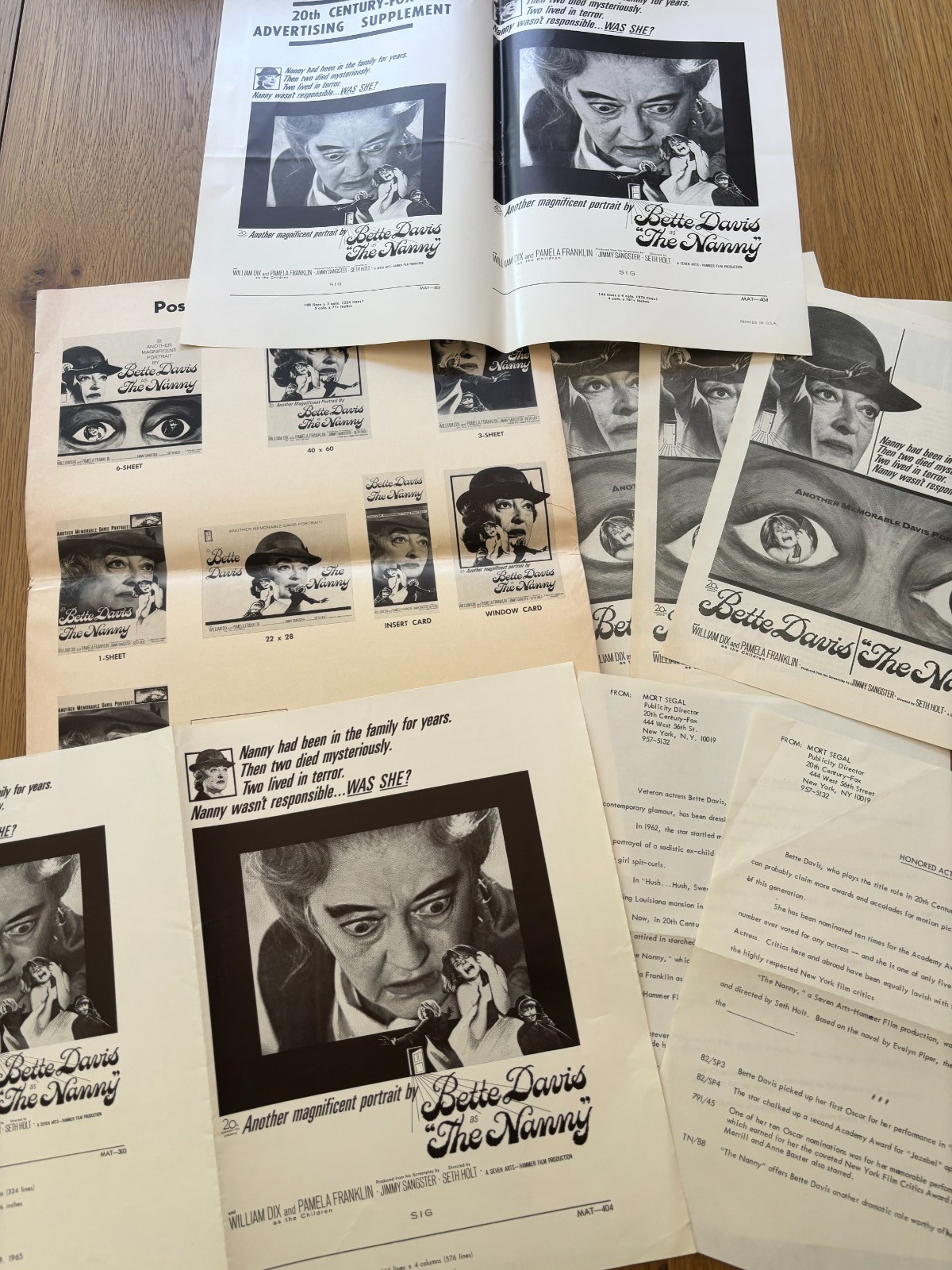 8 piece PRESS PACKAGE BETTE DAVIS IN THE NANNY 1965 BIG FOLDING CAMPAIGN MANUAL