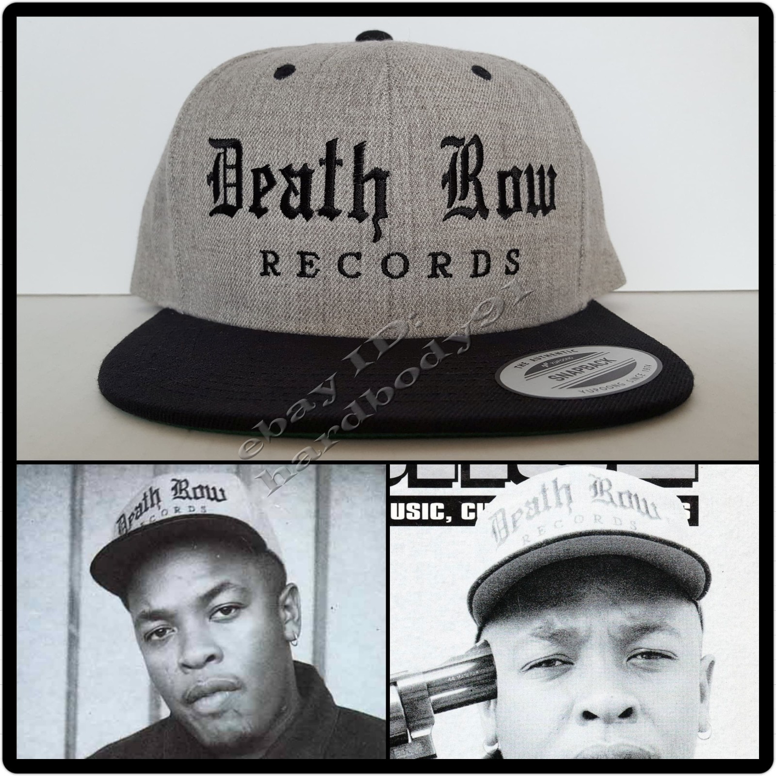 NEW Death Row Records Black Brim Gray Snapback Cap Hat NWA Dr Dre 2Pac Compton