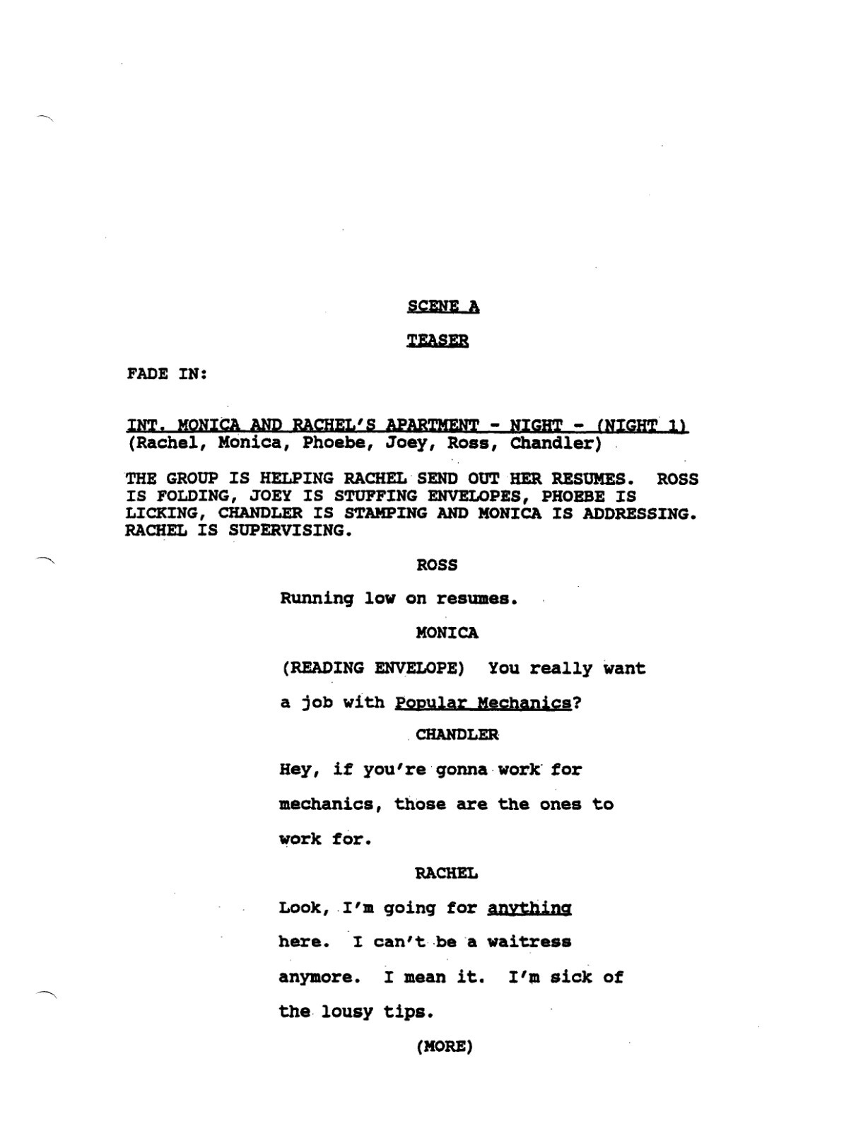 FRIENDS TV Series Script, season 1, Aniston Kudrow LeBlanc Cox Perry Schwimmer