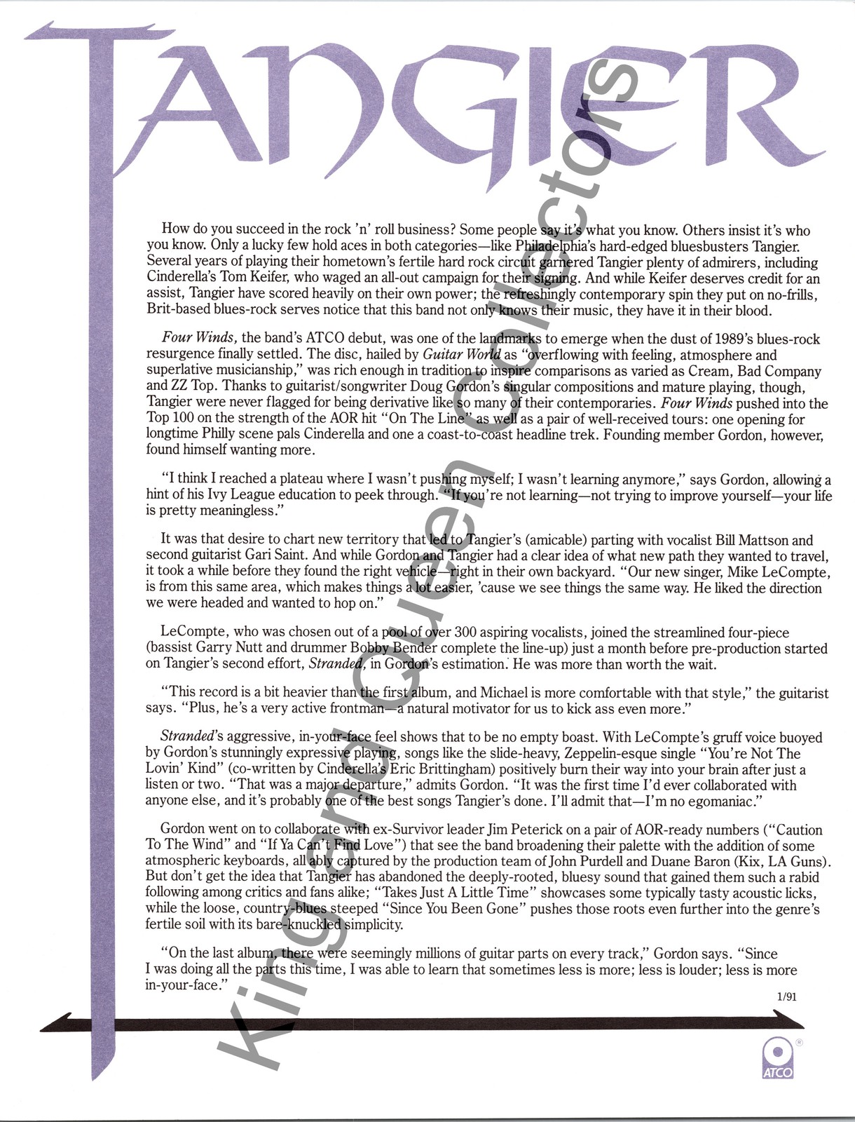 Tangier 1991 Original ATCO Records Press Kit Biography Sheet Stranded