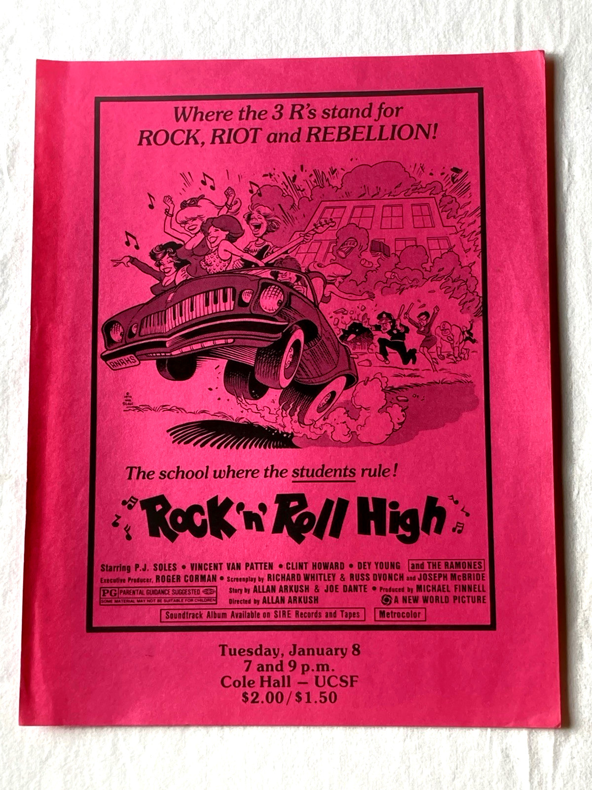 Vtg 1980’s The RAMONES Rock n’ Roll High School MOVIE Screening FLYER @ UCSF SF