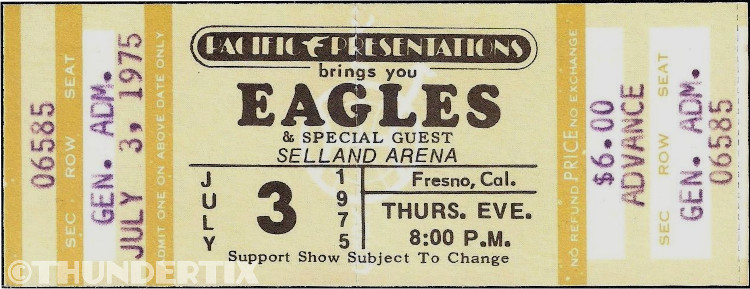 1 1975 EAGLES UNUSED FULL CONCERT TICKET FRESNO YELLOW laminated reprint