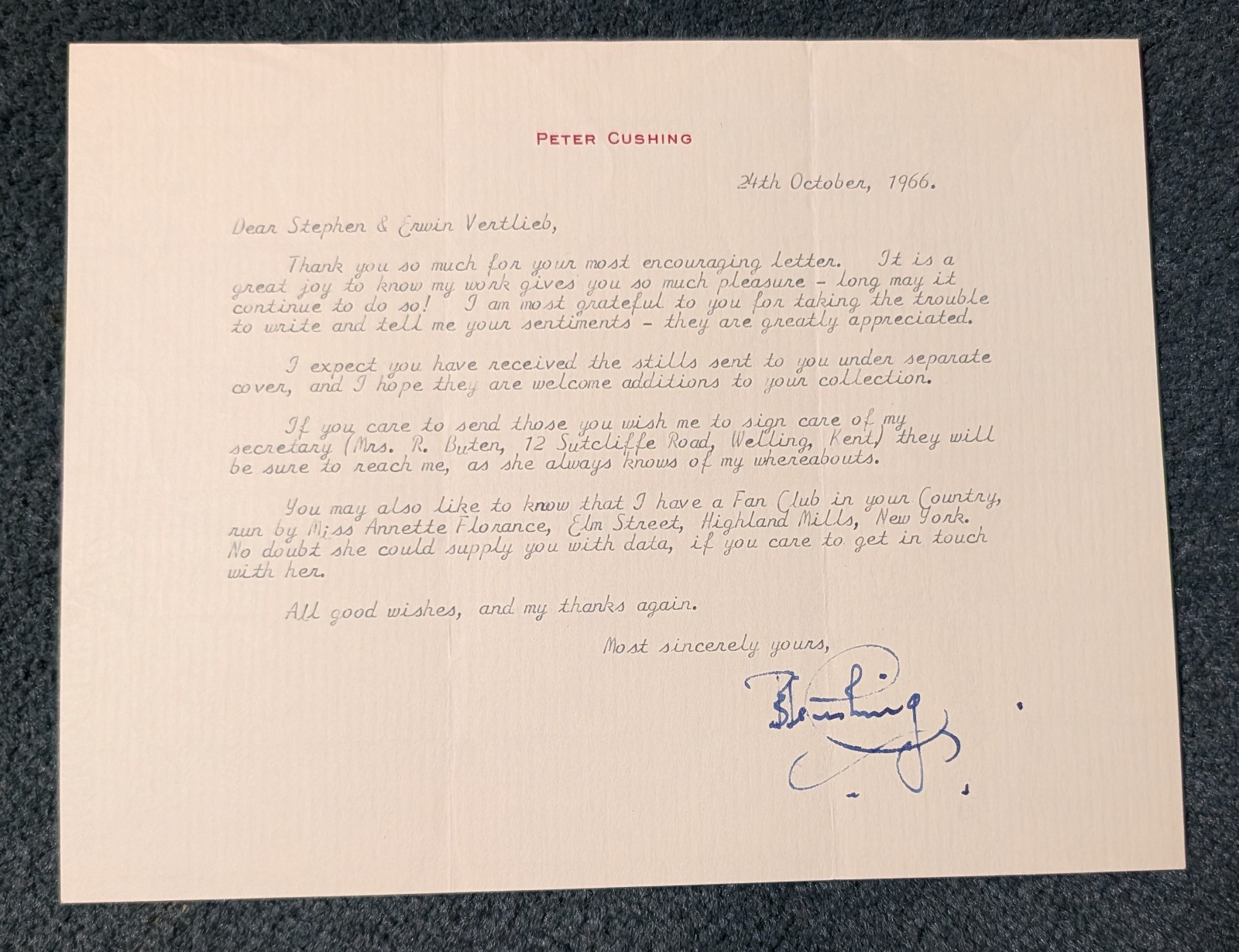 PETER CUSHING 10/24/66 TYPED/SIGNED LETTERHEAD! FRANKENSTEIN/DRACULA! STAR WARS!