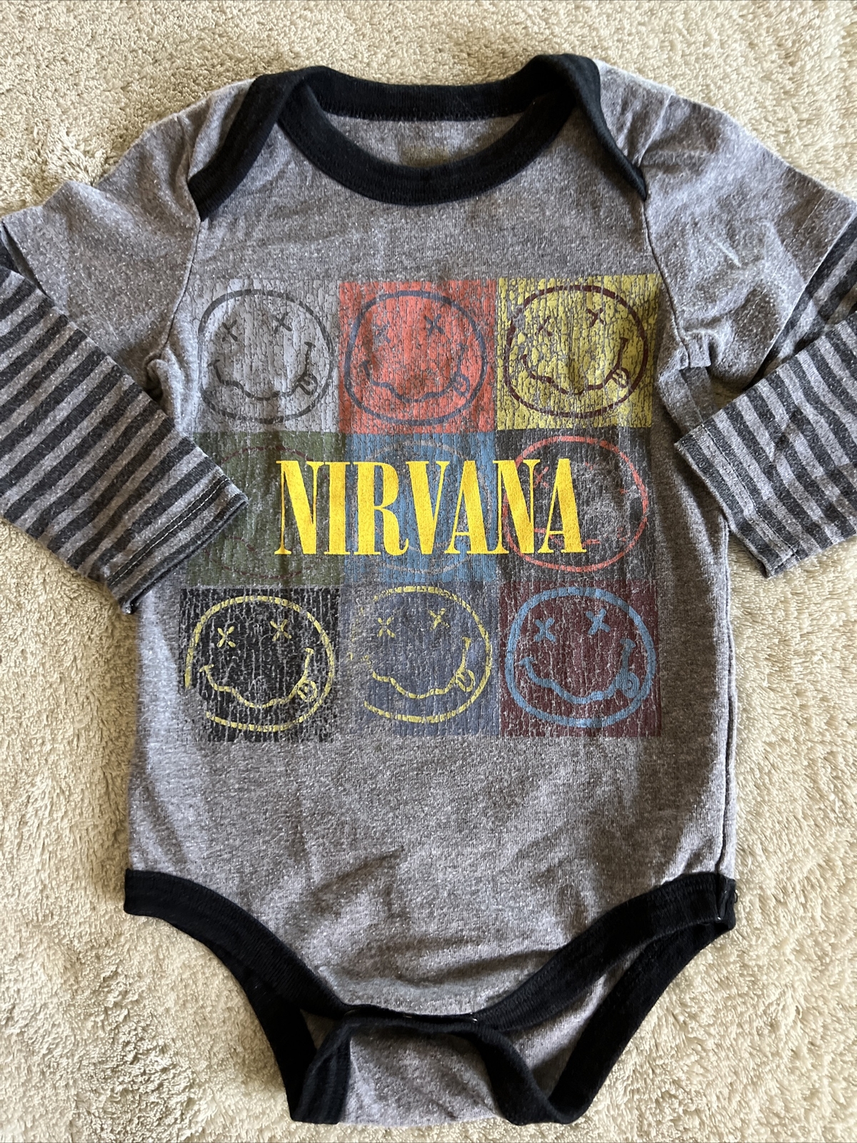 Nirvana Unisex Gray Black Yellow Striped Long Sleeve One Piece 6 Months