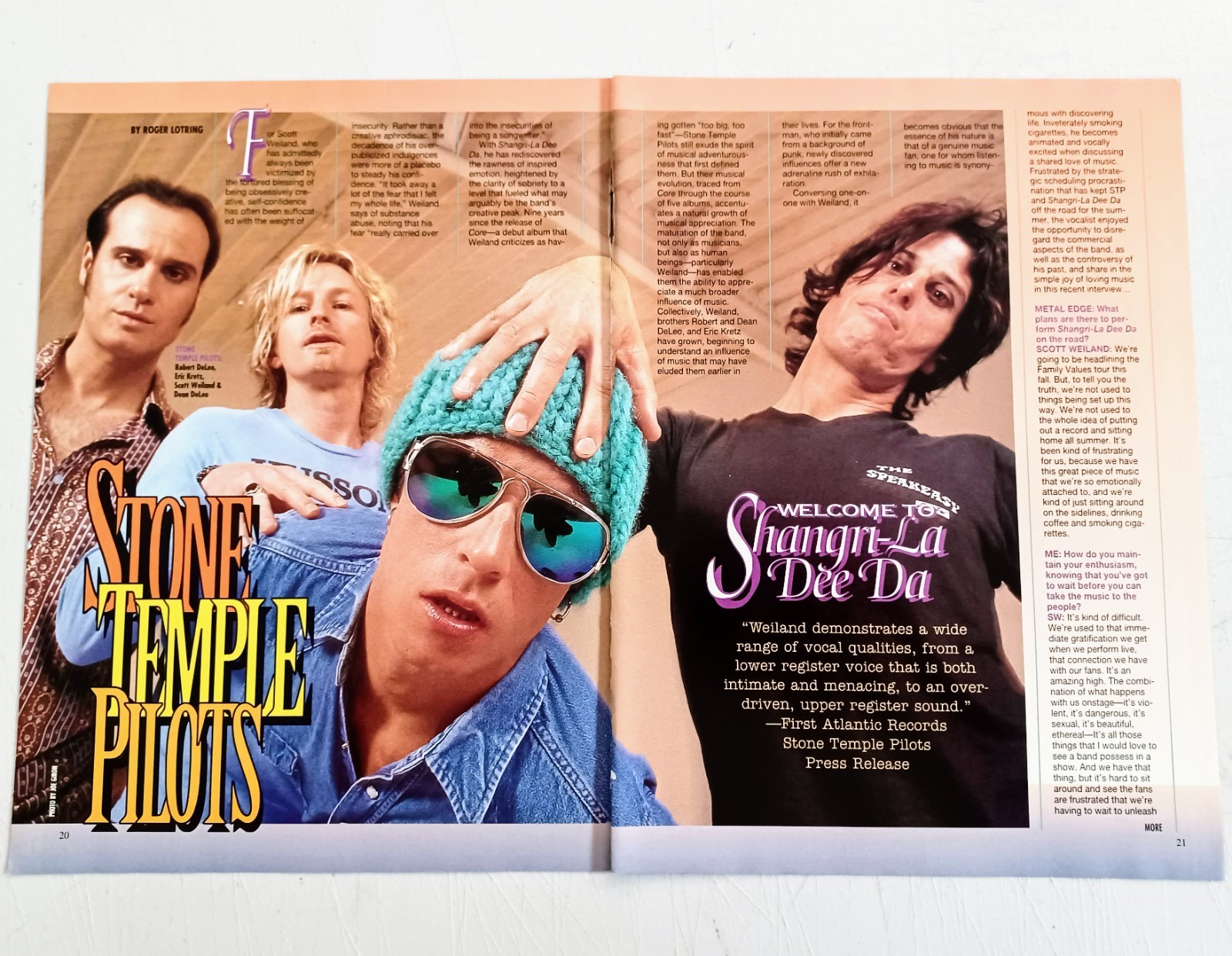 STONE TEMPLE PILOTS~SCOTT WEILAND INTERVIEW~2001 MAGAZINE 6PG ARTICLE CLIPPING
