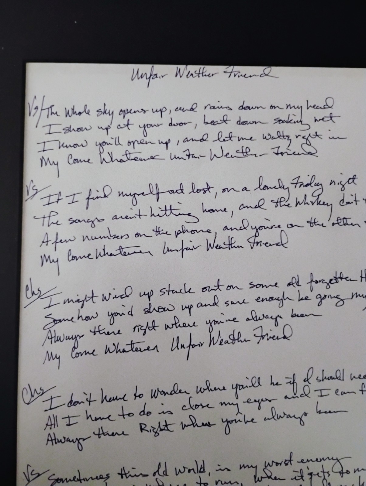 Handwritten Lyrics Unfair Weather Friend Signed By Ward Davis On 11/2017