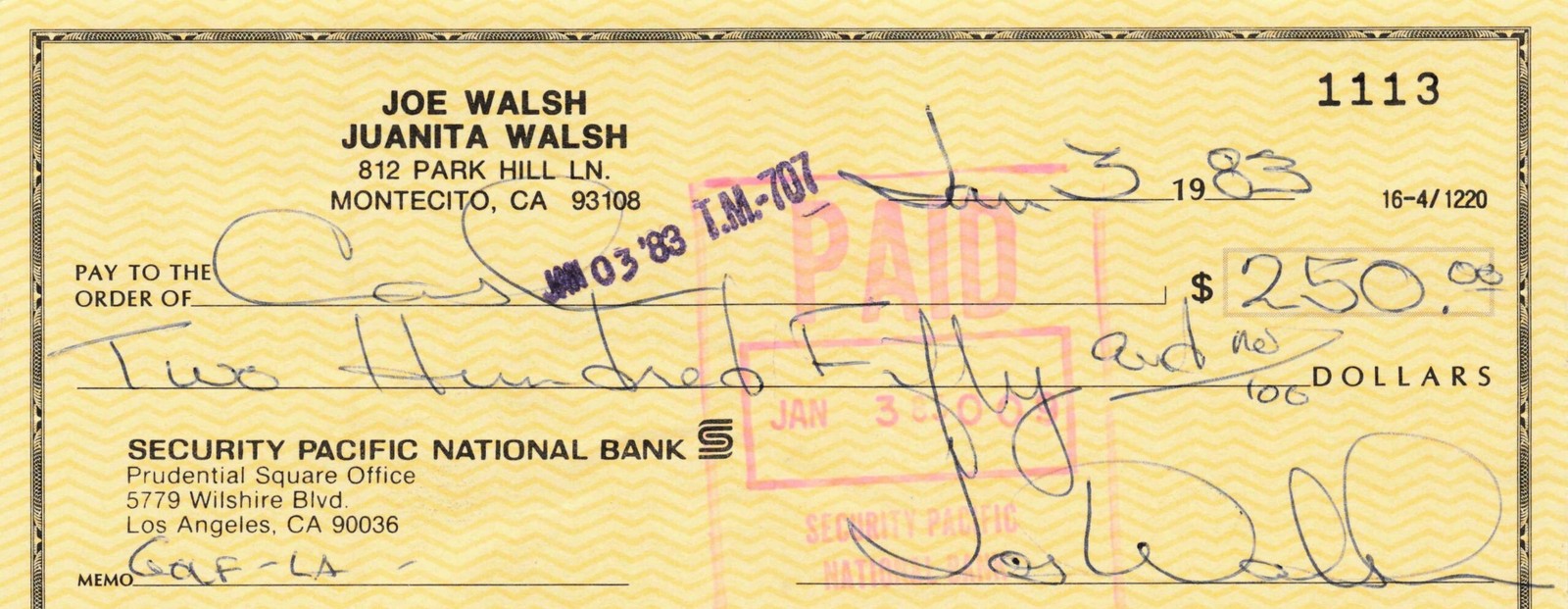 Joe Walsh SIGNED Cancelled Check from 1983 The Eagles