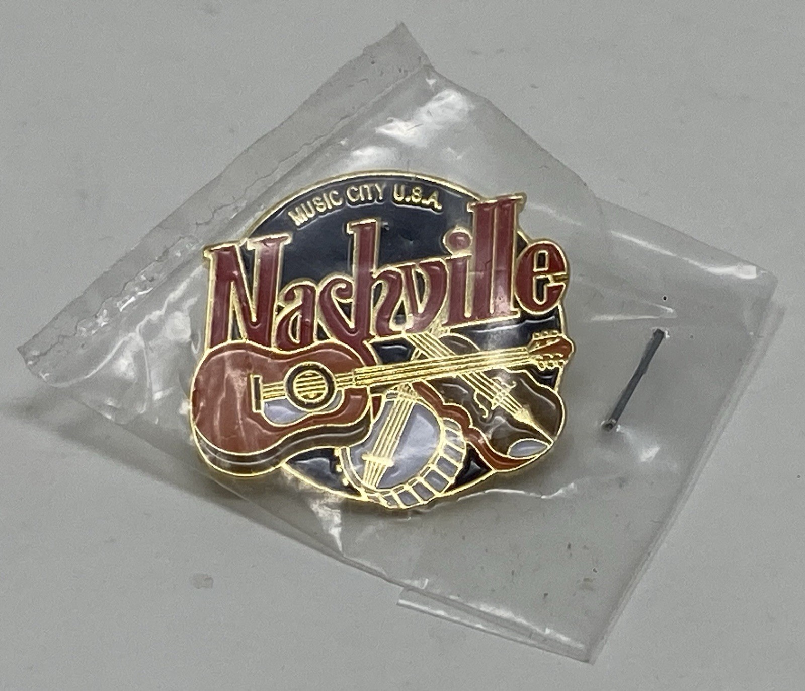 Vintage Nashville MUSIC CITY USA Country Music Button Lapel Pin Tennessee Sealed