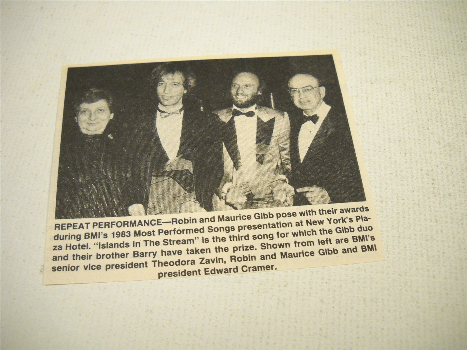 BEE GEES Robin and Maurice w/ awards wearing tuxes 1984 music biz promo pic/text