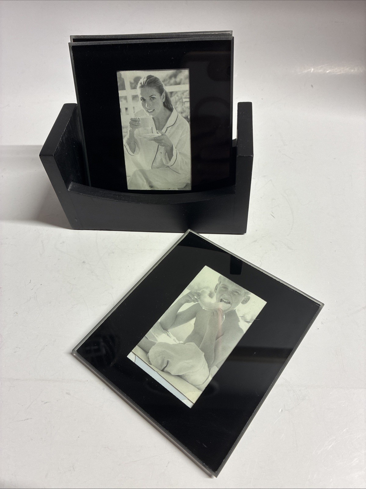 Black Frame Glass photo 4 coasters and wooden holder Photo Gift Preowned