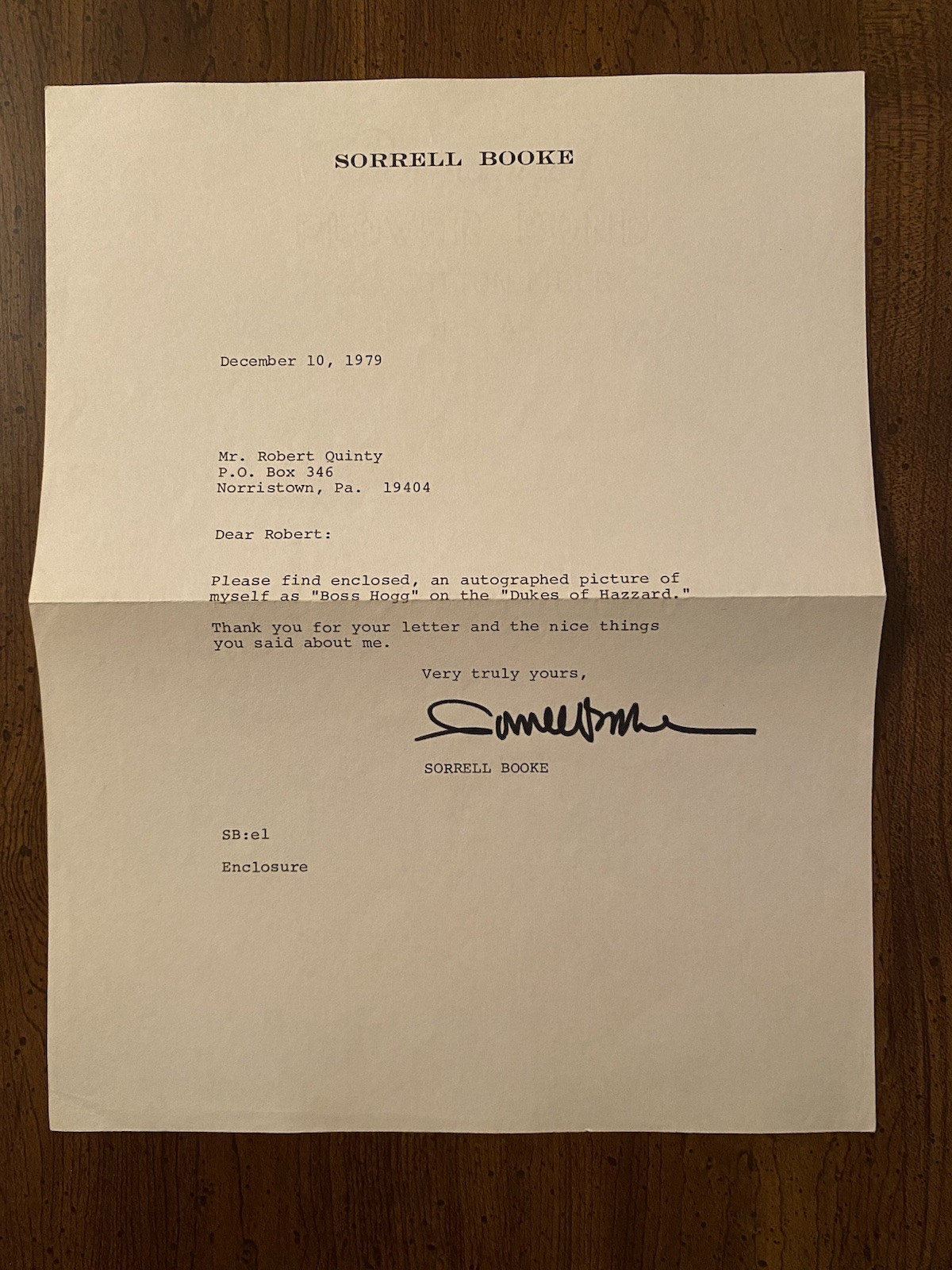 Sorrell Booke Signed Autographed Letter 1979 With COA Dukes Of Hazzard Boss Hogg