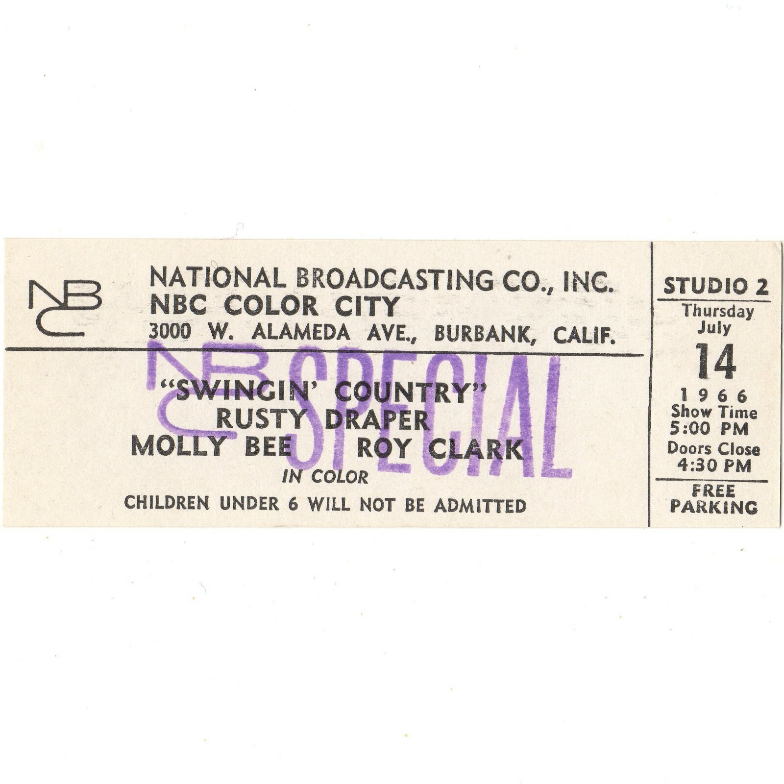 ROY CLARK MOLLY BEE RUSTY DRAPER Concert Ticket Stub 7/14/66 NBC SWINGIN COUNTRY