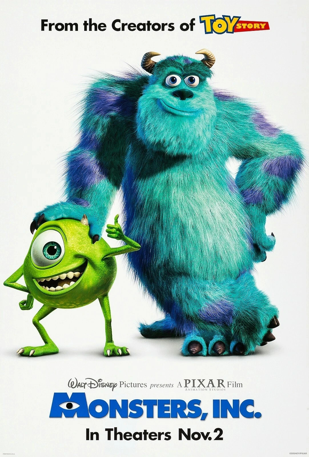 Monsters Inc Disney Pixar Mike Wazowski Sulley Animated Movie Poster 11×17