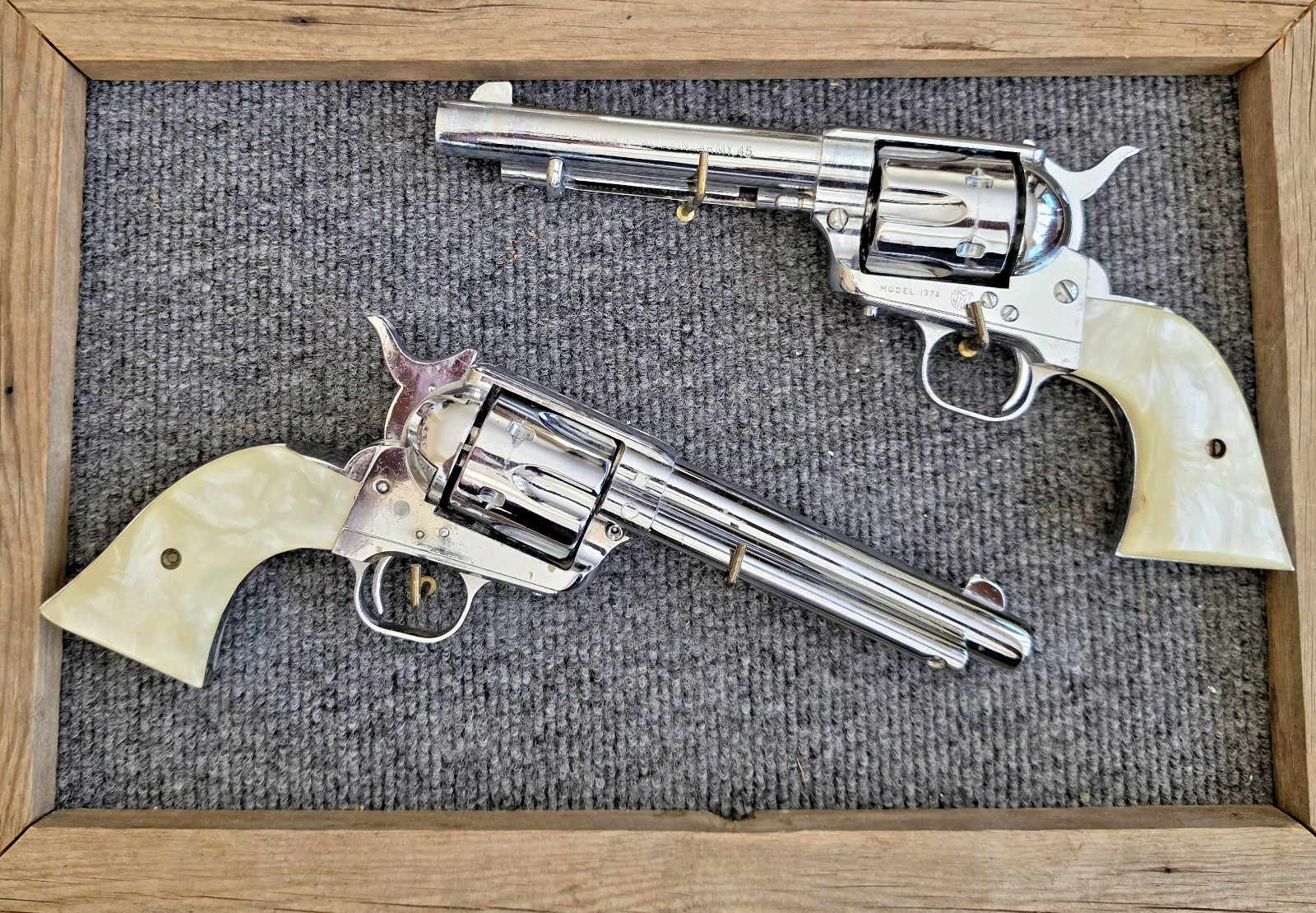 Pair of 1970s Nickel Plated Tanaka Replica Colt .45s, Model 1874, Movie Props