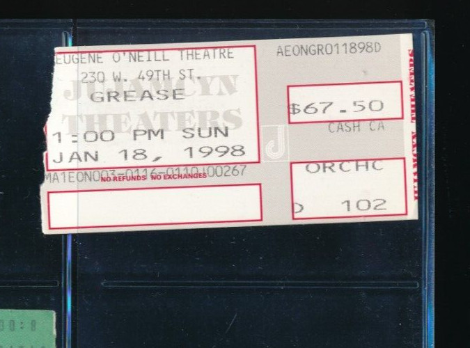 Jan 18, 1998 Grease Musical Ticket Eugene O’Neill Theatre (FO22) SWSW6