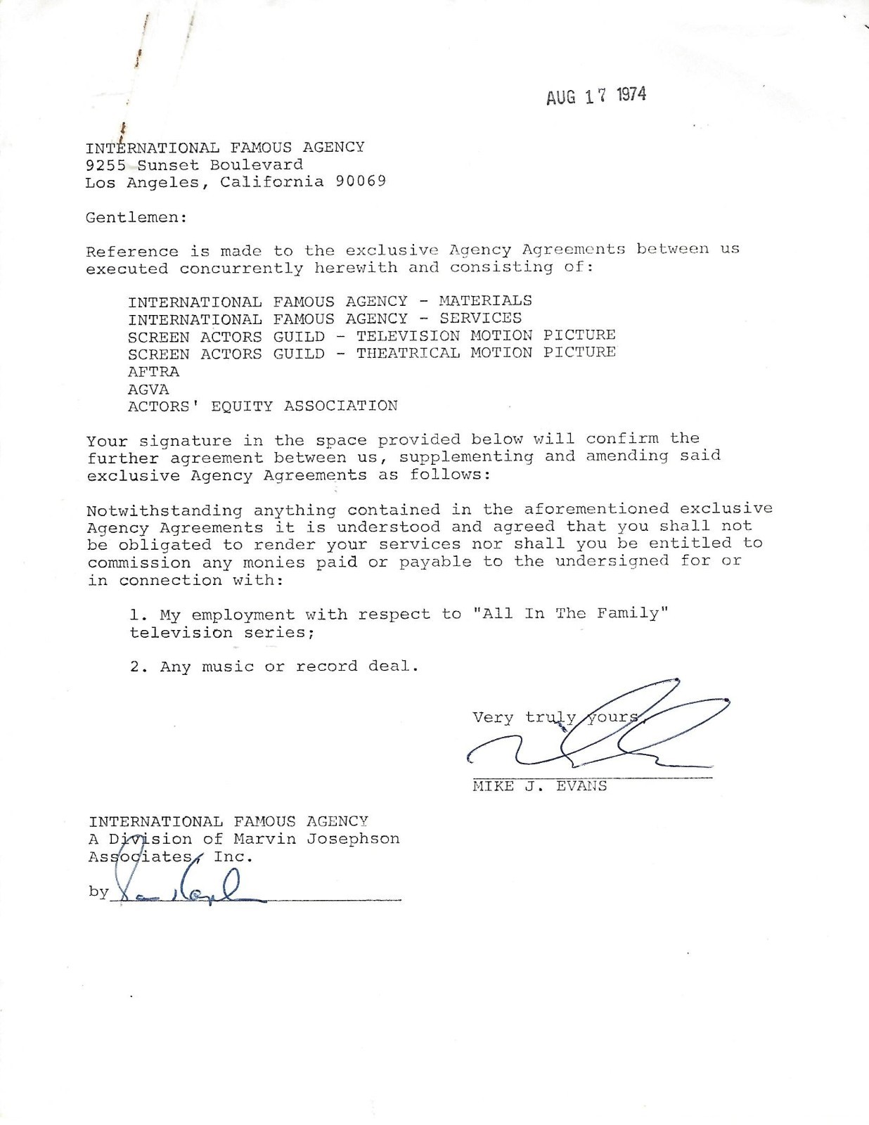 Rare MIKE EVANS Three Times Signed Contract All in the Family The Jeffersons