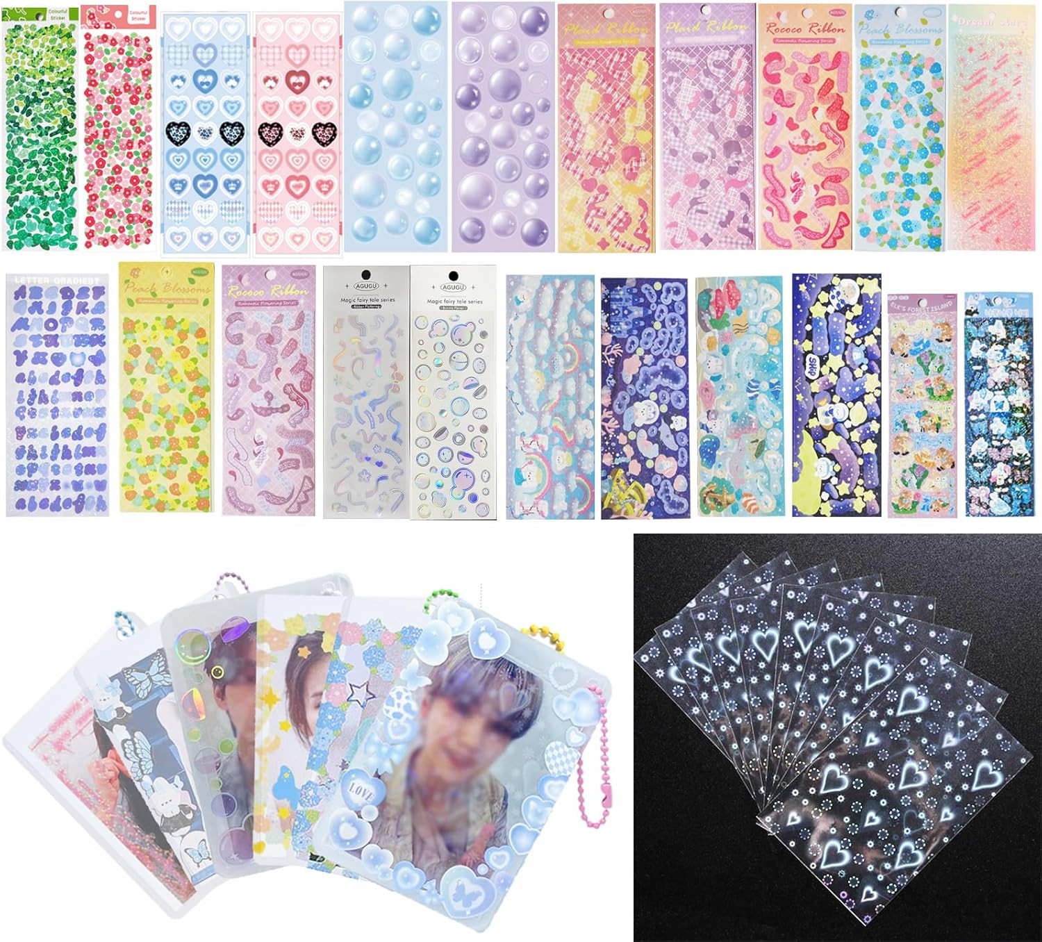 Kpop Photocard Holder Keychain with Holographic Sleeves and Decorative Stickers