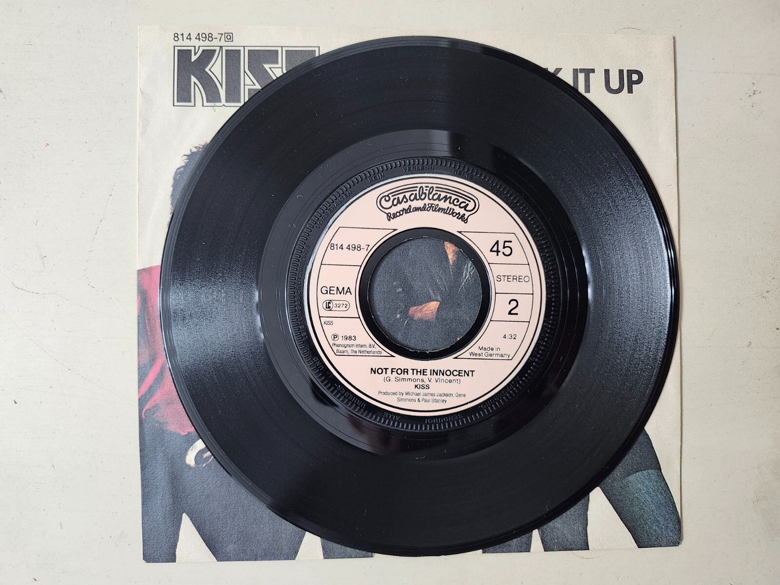 KISS RARE German Lick It Up Not For The Innocent 7″ Import 45 Vinyl 814 498-7 VG