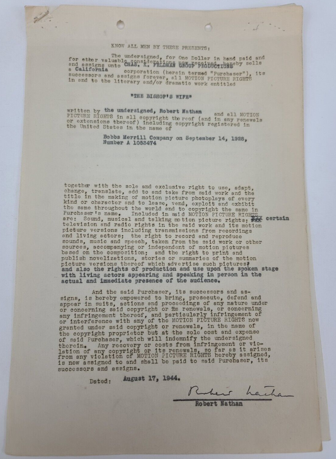 THE BISHOP’S WIFE / Robert Nathan 1944 signed contract for rights to use novel