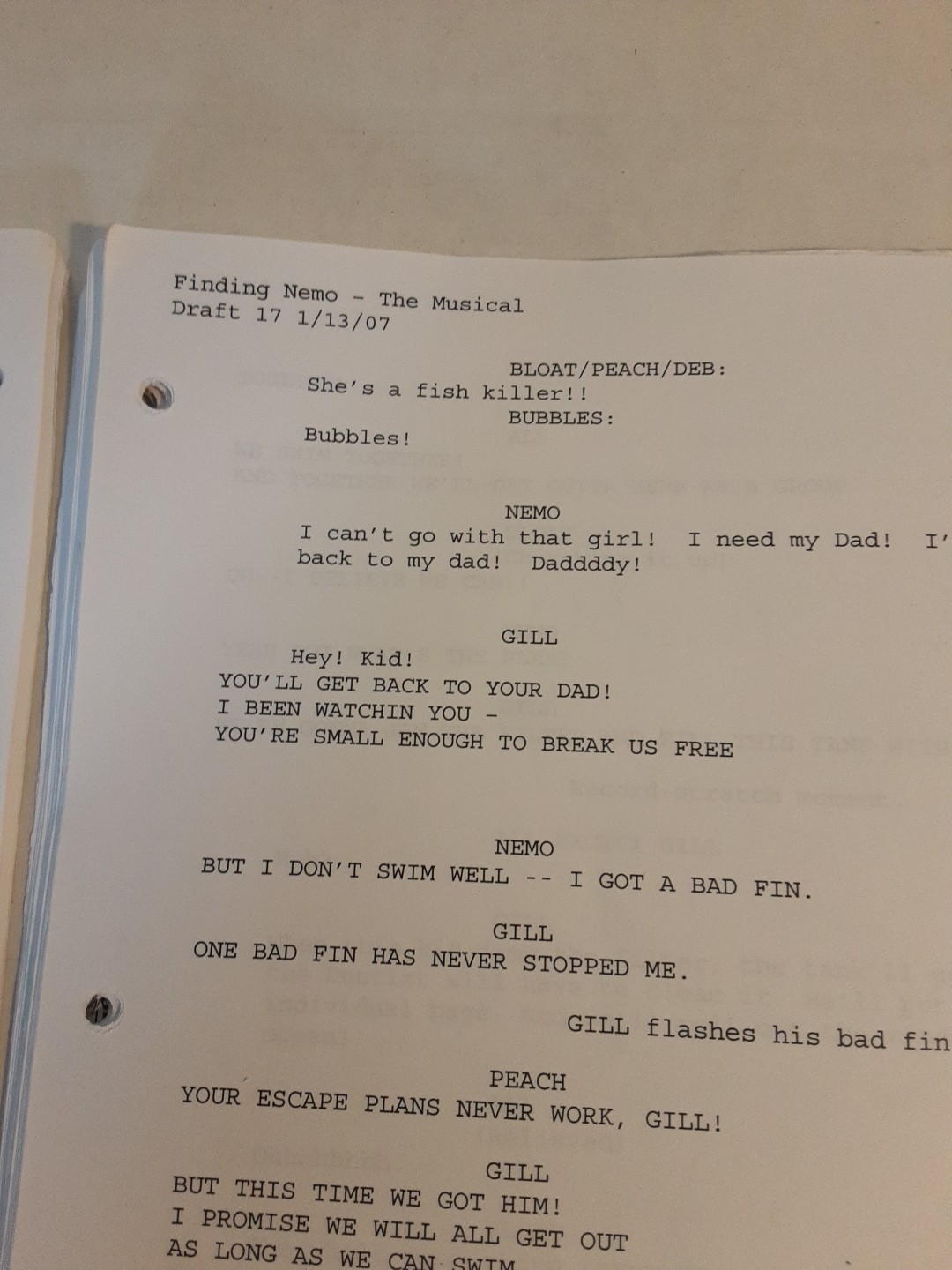 RARE Disney Finding Nemo Musical Rev 18 Draft 17 Script 6/13/07 Animal Kingdom