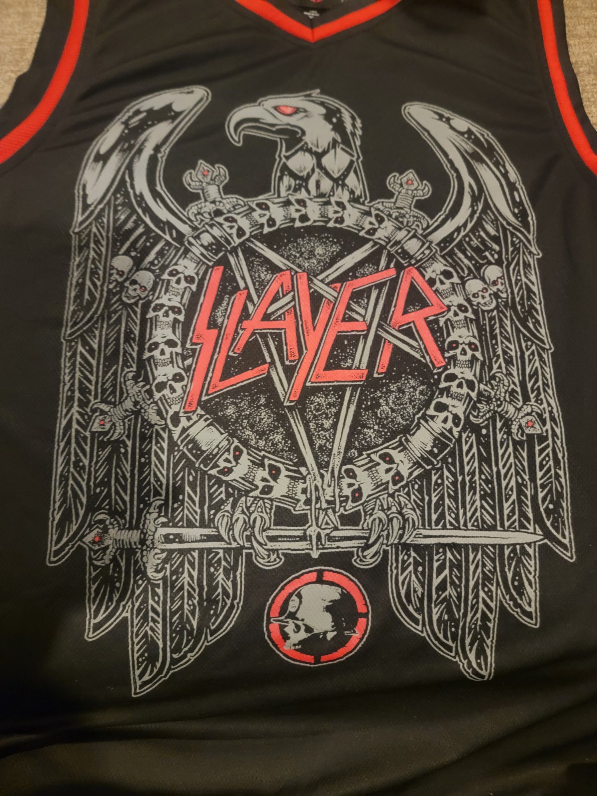 Slayer Sleeveless Jersey Tank Top Black w/ Red Trim Graphic Front Polyester