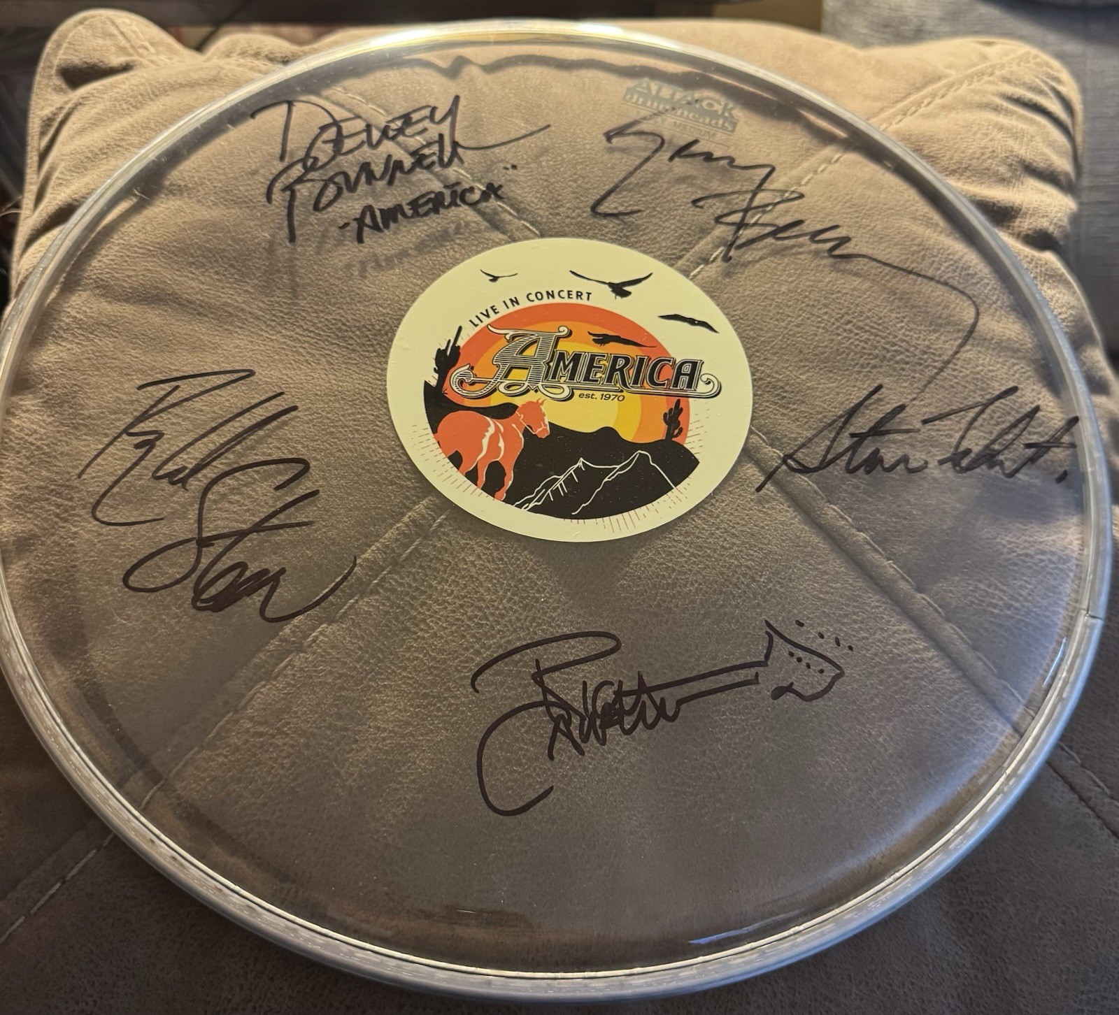 America Band Signed Original Music Drumhead w/ Autographs.