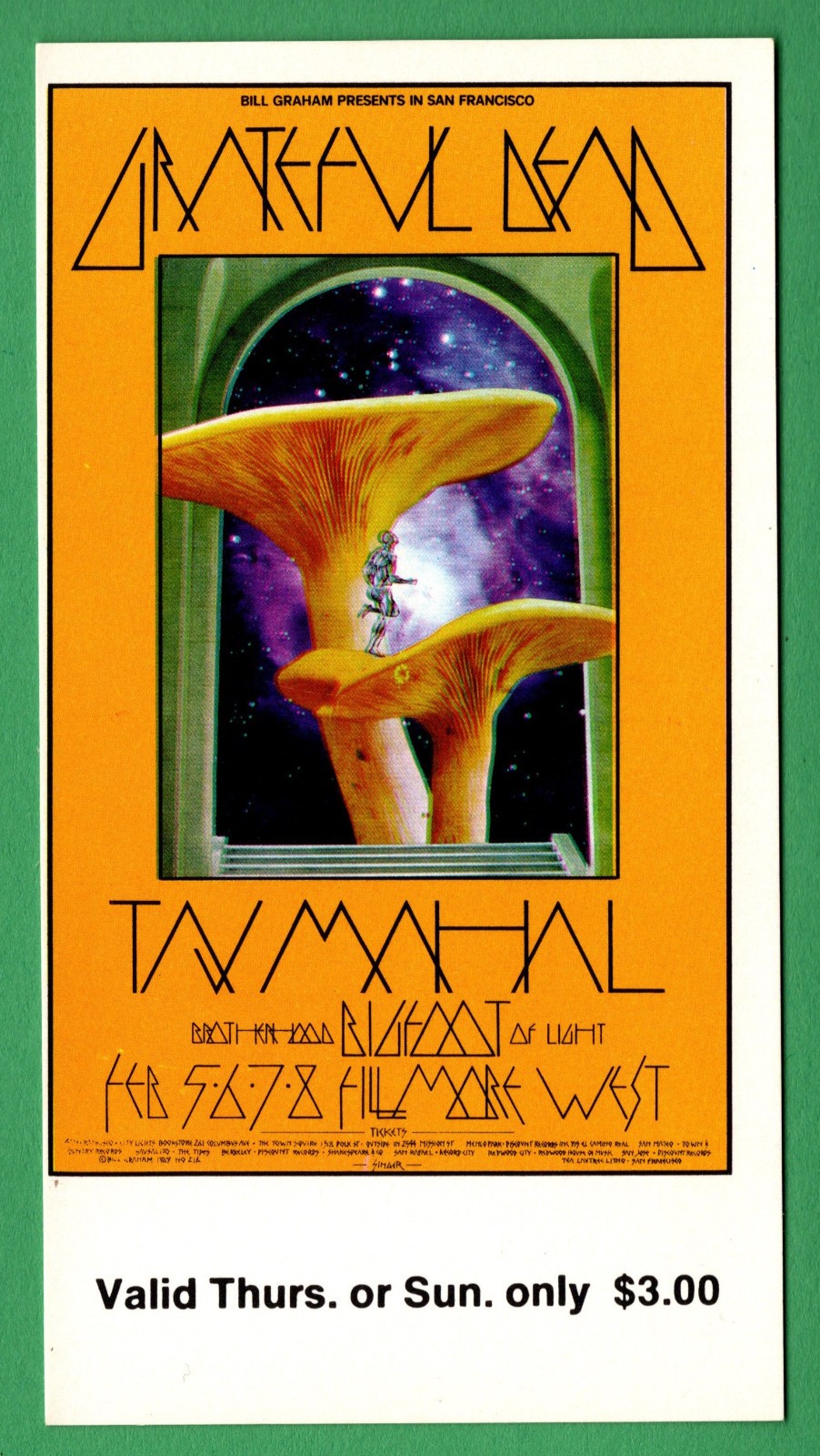 GratefuL Dead Taj MahaL BG216 BiLL Graham FiLLmore Thursday/Sunday 1970 Ticket