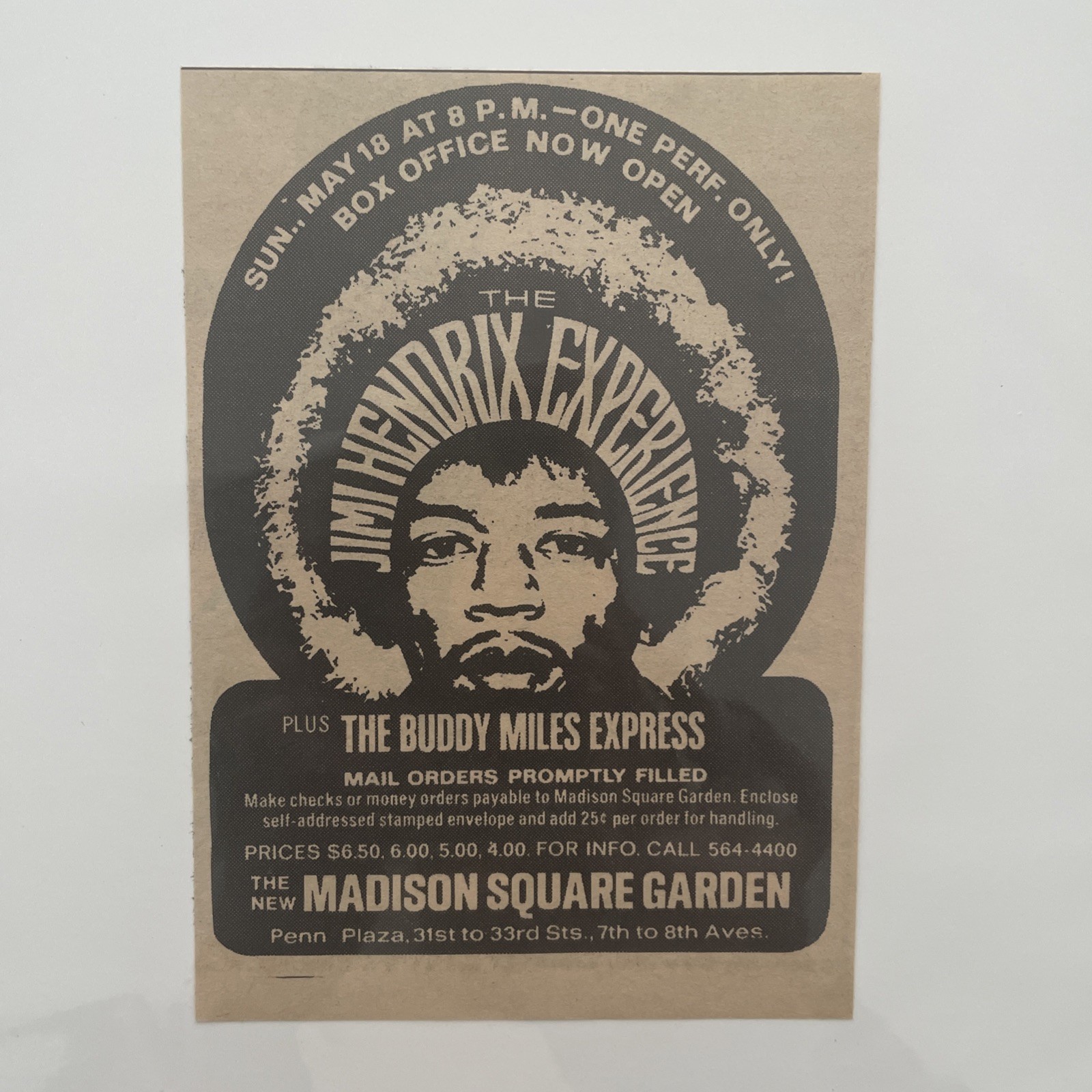 1969 JIMI HENDRIX EXPERIENCE Madison Square Garden , Concert Ad