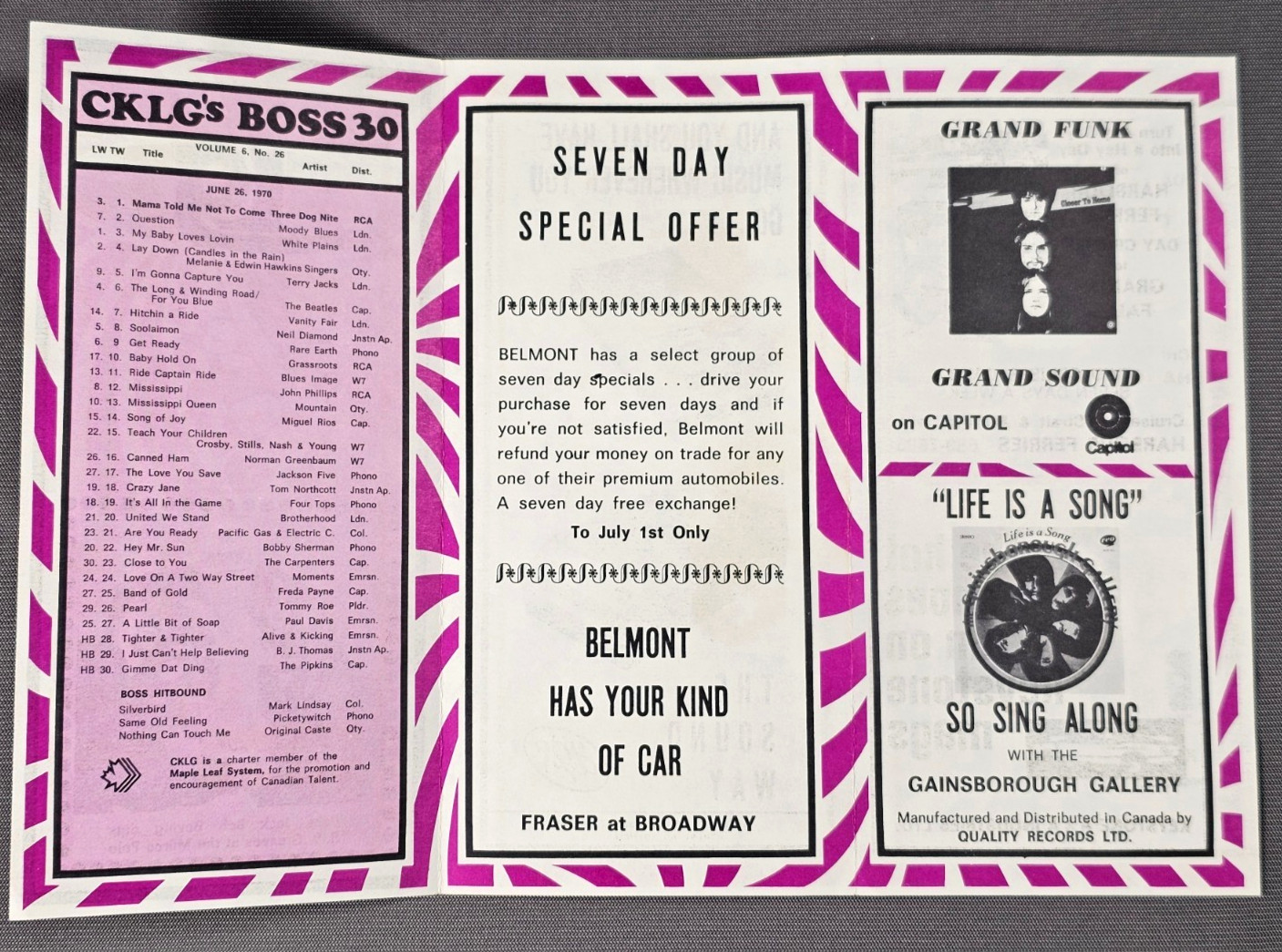 CKLG – Vancouver BC Canada, Radio Station Music Survey, June 26, 1970