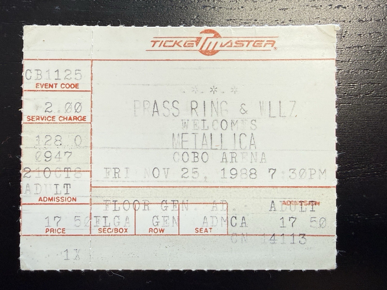 Metallica Ticket Stub Cobo Arena Nov 25, 1988 Rock Music Concert Vintage Rare