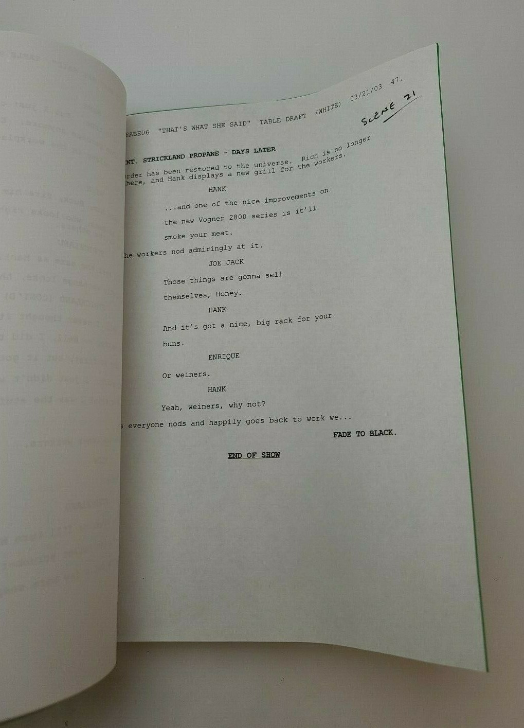 KING OF THE HILL / Sivert Glarum 2003 TV Script “That’s What She Said”