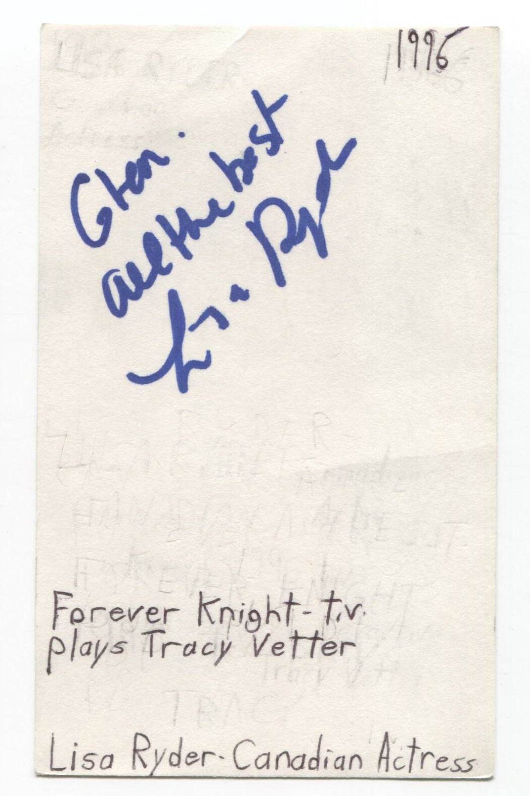 Lisa Ryder Signed 3×5 Index Card Autographed Signature Actress Andromeda