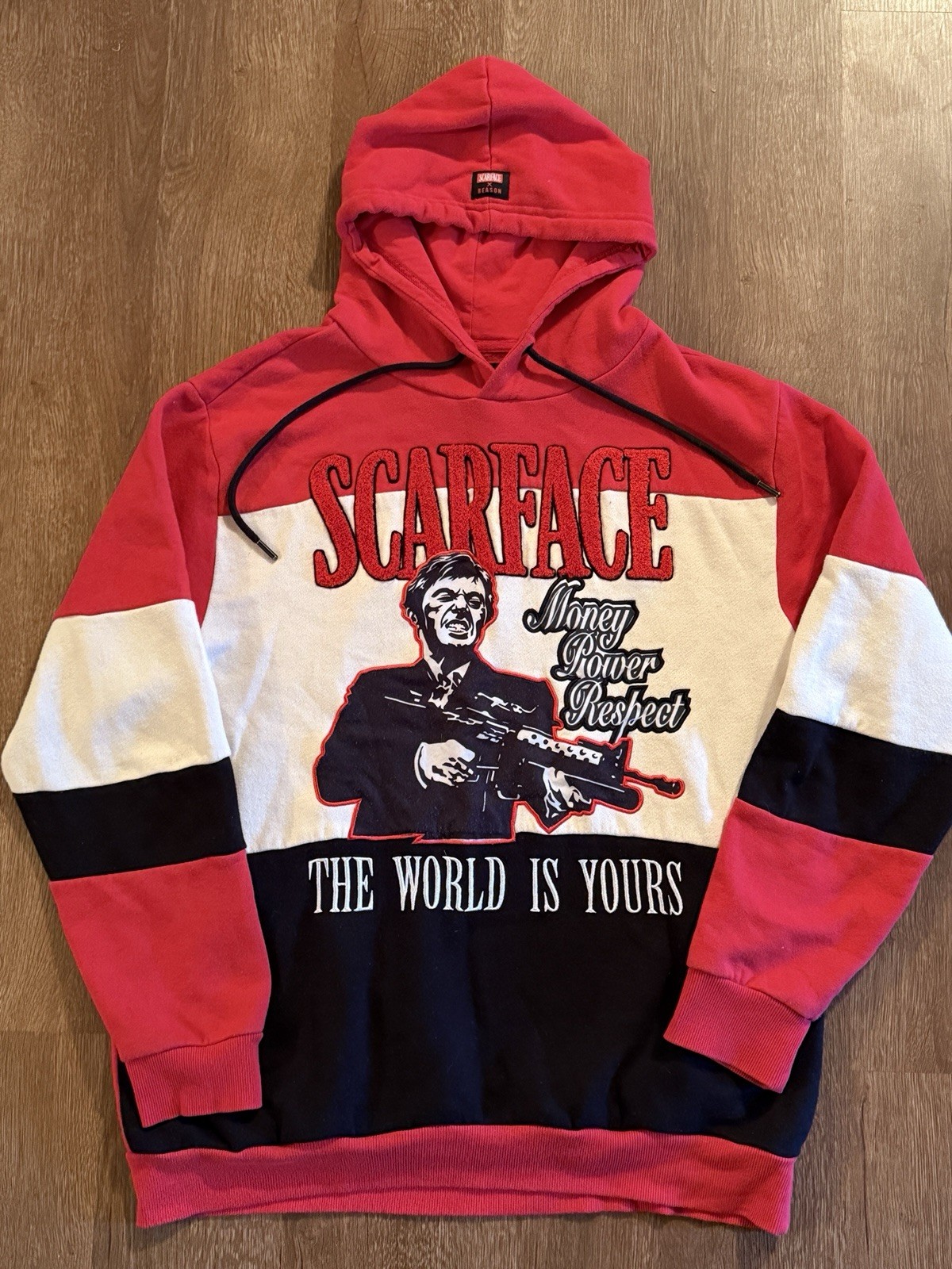 Scarface Reason Mens Red Cream Black Colorblock Size XL Hoodie World Is Yours L7