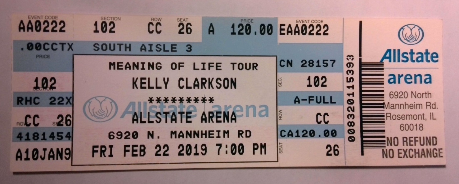 Kelly Clarkson Meaning of Life Tour Concert Ticket Stub – Allstate Arena 2/22/20