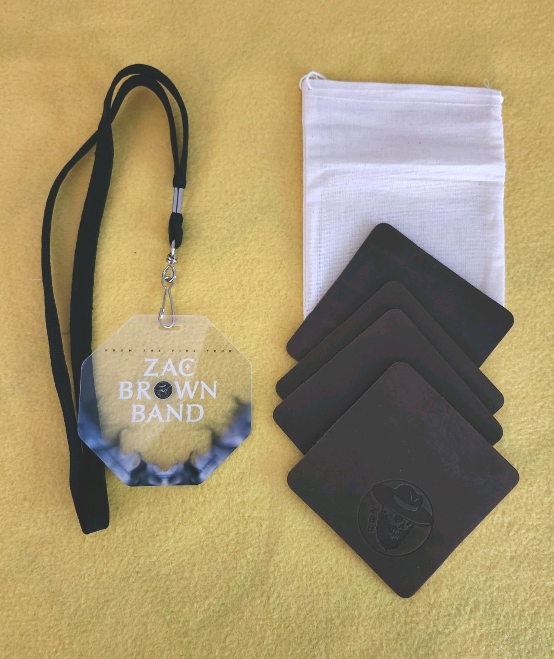 Zac Brown Band Fire Tour 4 Coasters,Pouch & Tour Laminate Pass-Black Lanyard
