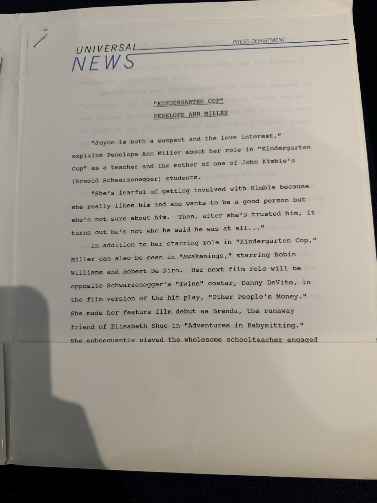 Kindergarten Cop Press Kit – Arnold Schwarzenegger, Dir. Ivan Reitman