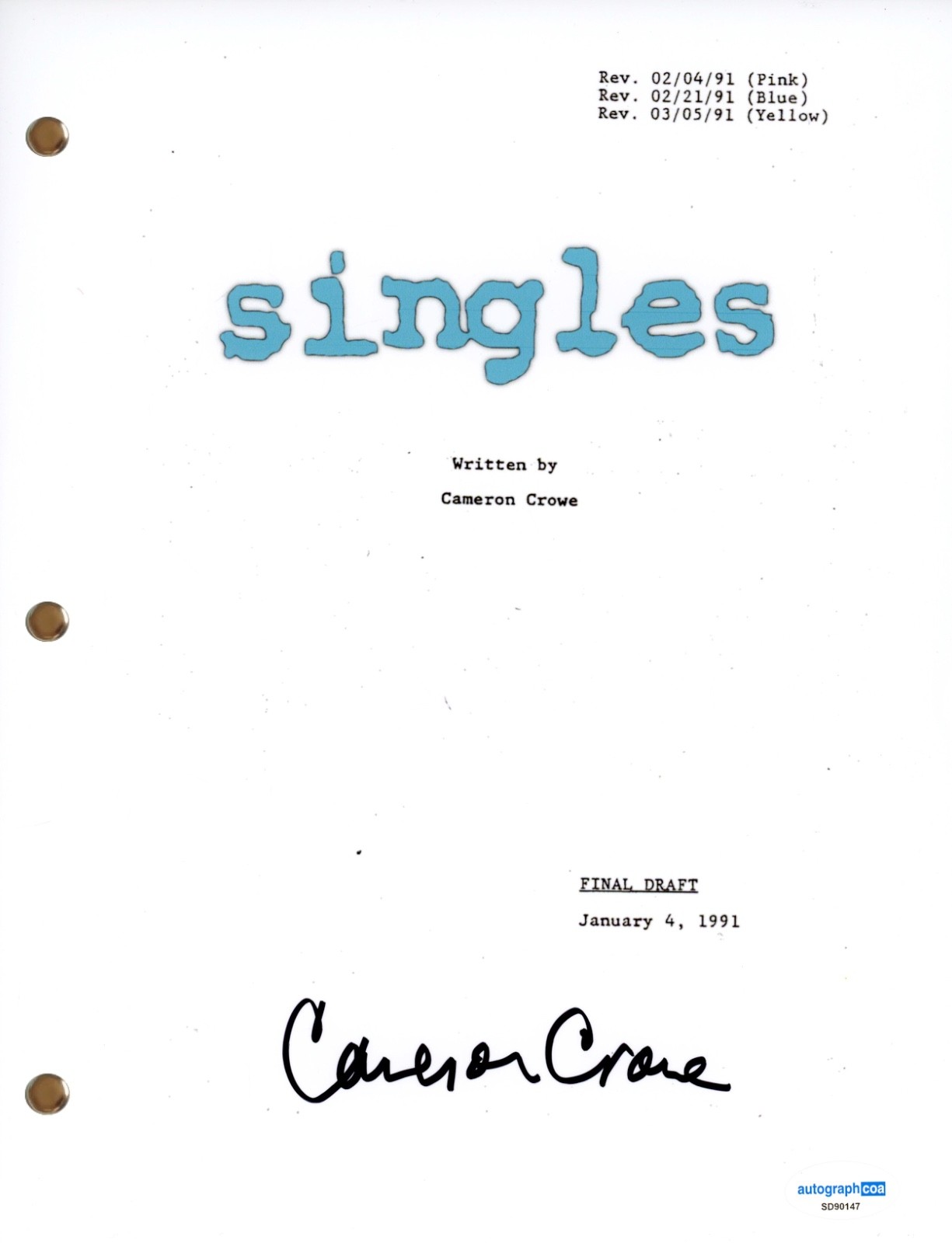 Cameron Crowe “Singles” Signed Autograph Movie Script Screenplay 1992 Film ACOA