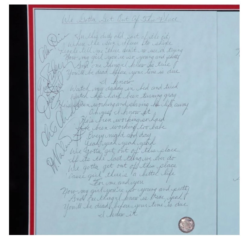The Animals Handwritten Lyrics Signed Eric Burdon We Gotta Get Out Of This Place