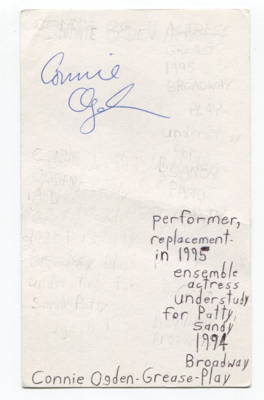 Connie Ogden Signed 3×5 Index Card Autographed Actress Broadway Grease Play