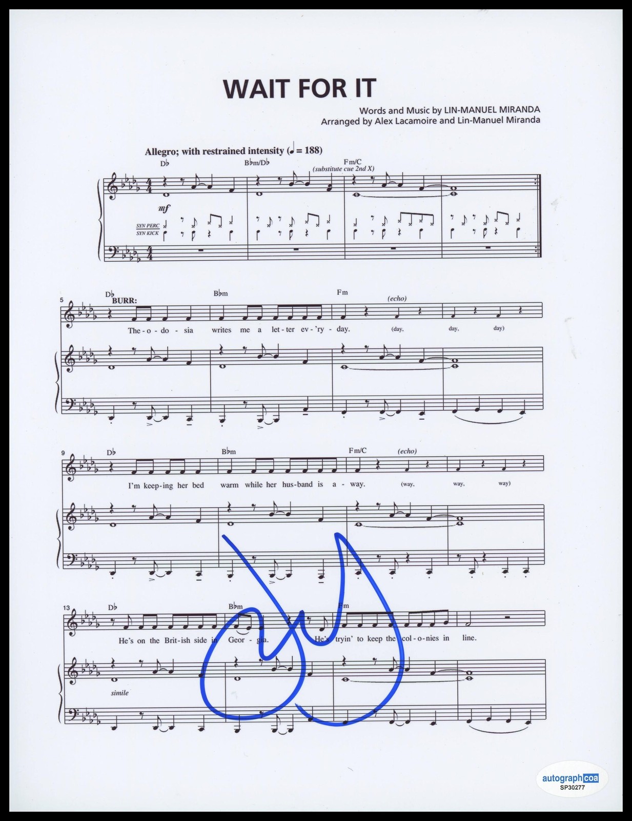 Leslie Odom Jr. “Hamilton” AUTOGRAPH Signed ‘Wait for It’ Sheet Music ACOA