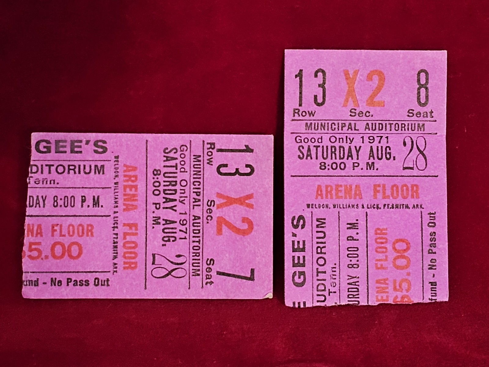 2 Sequential BEE GEES Ticket Stubs Aug 28 1971 Nashville Tn Municipal Auditorium